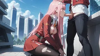 Zero Two Anime Girl on Rooftop in Digital Art