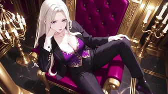 Blonde Queen in Purple Court Uniform on Throne