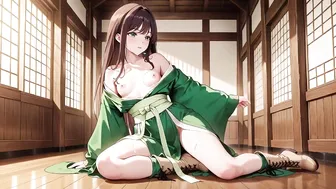 Green Kimono Ninja Kneeling on Tatami