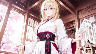 Blonde Miko Lounging at the Cherry Blossom Shrine