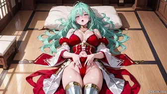 Green-Haired Knight in Red-White Armor in Golden Hall