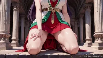 Purple-Haired Warrior Descending Marble Stairs