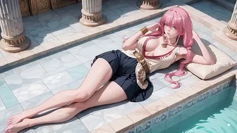 Pink-Haired Girl in Sailor Suit Touching the Water