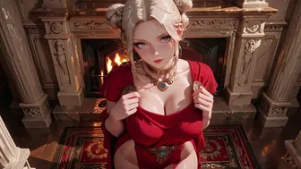 Blonde Classical Goddess in Red Dress in Ancient Corridor