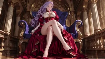 Purple Queen in Red Haute Couture on Golden Throne