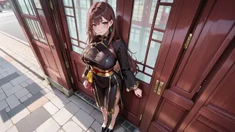 Black and Gold Qipao in Sunlit Wooden Corridor
