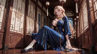 Blonde in Silk Kimono in Sunlit Japanese Corridor