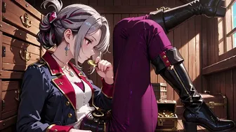 Silver-Haired Pirate Queen in Sun-Drenched Cabin