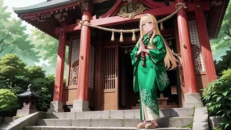 Blonde in Green Kimono Kneeling in Sunlit Bedroom