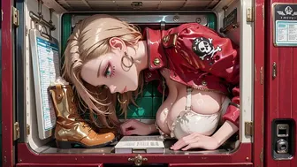 Blonde Commander in Red Uniform on Future Train