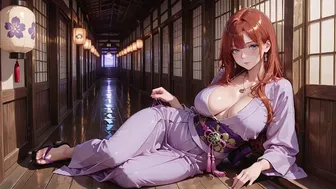 Red-Haired Woman in Kimono at Torii Gate