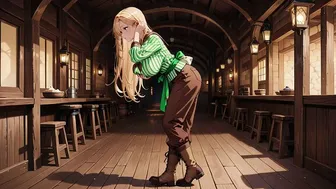 Blonde Maid Sips Beer While Fixing Apron at Bar