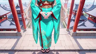 Blonde in Green Kimono Reading on Terrace