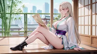 White Kimono Maid Kneeling in Sunlit Japanese Corridor