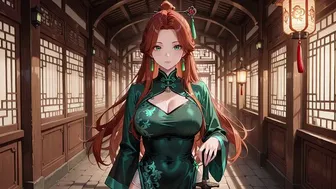Red Hair and Emerald Qipao in the Eastern Courtyard