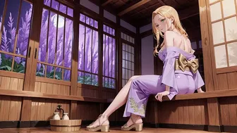 Blonde in Lavender Kimono at Red Torii Gate