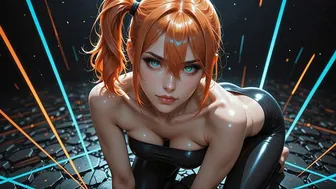 Redhead in Black Latex with Glowing Cyan Eyes