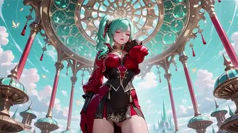 Green-Haired Warrior in Red and Black Robe on Floating Terrace