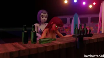 3D Cartoon Animation of Raven and Starfire at Beach Cafe