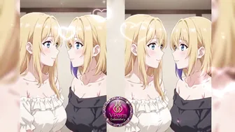 Lesbian babes share a kiss in anime land